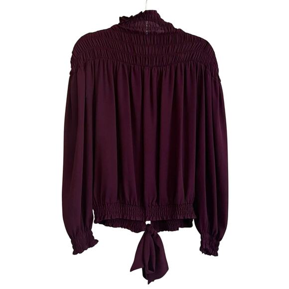 Venus Women's Purple Mock Neck Smocked Blouse Size M Bow at Back Waist Office - Picture 1 of 7